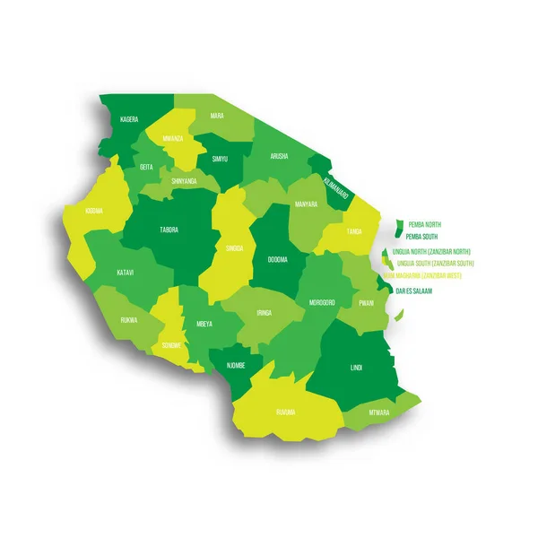 Dari Bölümlerin Bölgelerin Tanzanya Siyasi Haritası Düşen Gölge Bölme Isim — Stok Vektör