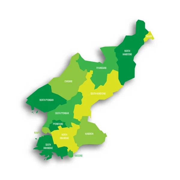 stock vector North Korea political map of administrative divisions - provinces. Green flat vector map with dropped shadow and division name labels.