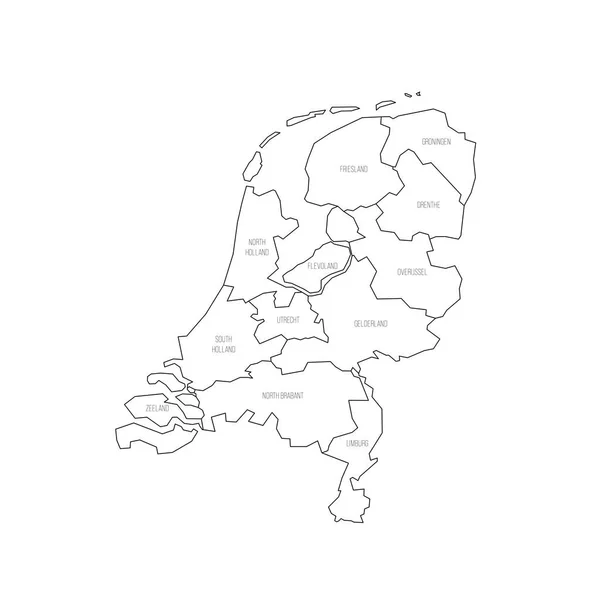 Nederlandse Politieke Kaart Van Administratieve Afdelingen Provincies Dunne Zwarte Omtrek — Stockvector