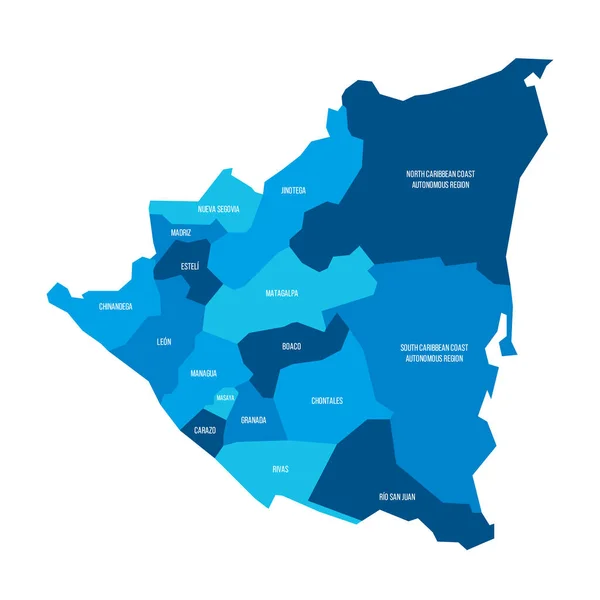 Политическая Карта Административных Единиц Никарагуа Департаментов Автономных Районов Плоская Синяя — стоковый вектор