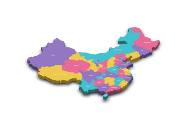 China political map of administrative divisions - provinces, autonomous regions and municipalities. Colorful 3D vector map with dropped shadow and country name labels. clipart