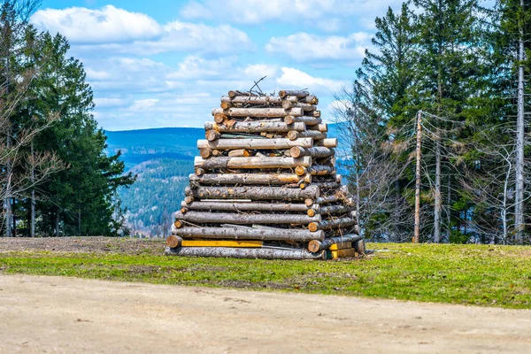 stock image A stack of wooden logs burning bright on a meadow, prepared for the traditional Czech holiday of burning witches - the Filip and Jacob Night. Czech Republic