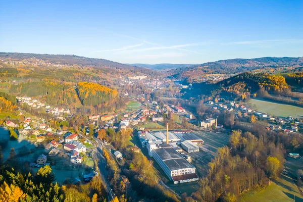 Village Plavy Situated Sunny Autumn Hilly Landscape Czech Republic Aerial — Stock Photo, Image