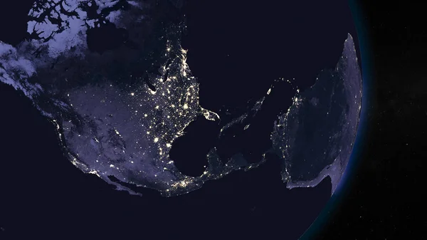 Earth globe by night focused on United States of America, USA. Dark side of Earth with illuminated cities and stars of universe on background. Elements of this image furnished by NASA
