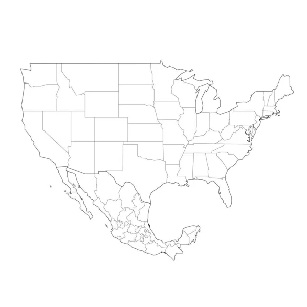 アメリカ合衆国とメキシコの行政区画の政治地図 ブランクブラックアウトラインベクトルマップ — ストックベクタ