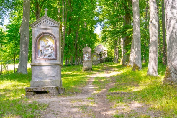 レンガの礼拝堂が立ち並ぶ十字架の道は 落葉樹の道を通ってチェコ共和国ルサティアン山脈シヴコフのカルバリー ヒルの頂上へと続きます — ストック写真