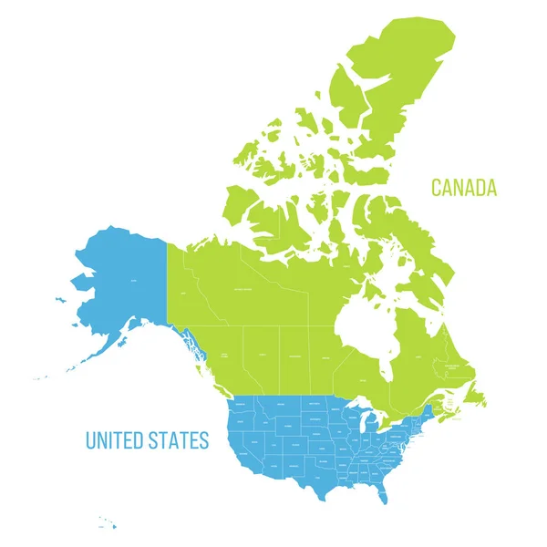 Egyesült Államok Kanada Közigazgatási Megosztottságának Politikai Térképe Színes Vektortérkép Címkékkel — Stock Vector