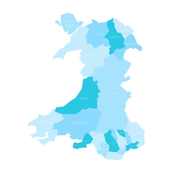 Galler Ilçe Şehirleri Etiketli Mavi Vektör Haritası — Stok Vektör