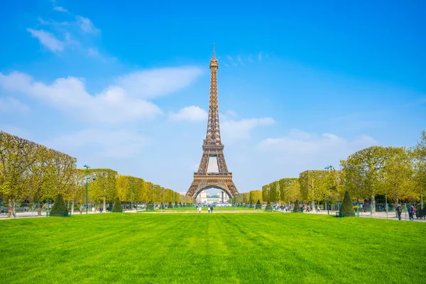 Tour Eiffel Jour Ensoleillé Printemps Vue Depuis Pelouse Verte Sur — Photo