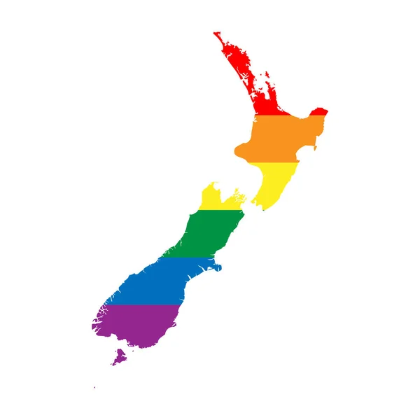 Sylwetka Nowozelandzkiej Wsi Mapa Kraju Sylwetka Tęczowych Kolorach Flagi Lgbt — Wektor stockowy