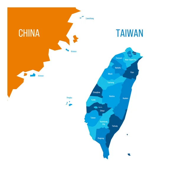 Mapa Polityczna Tajwanu Części Chin Kraj Podziałów Administracyjnych Różnych Kolorach — Wektor stockowy