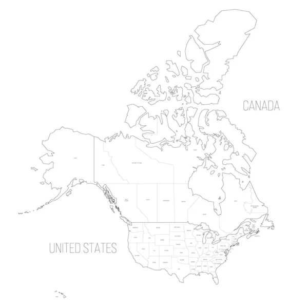 Stany Zjednoczone Kanada Polityczna Mapa Podziałów Administracyjnych Czarna Mapa Wektora — Wektor stockowy