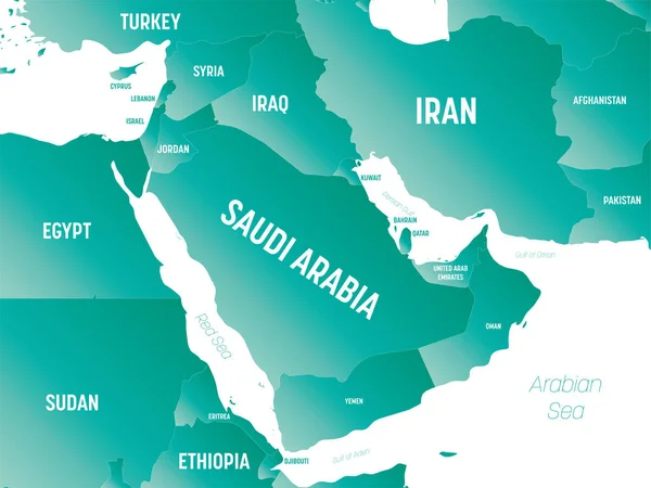 附有国家 海洋和海洋名称标签的中东和阿拉伯半岛区域高度详细的政治地图 — 图库矢量图片
