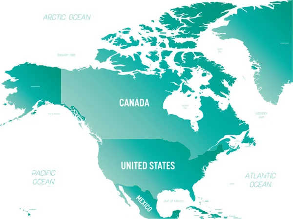附有国家 海洋和海洋名称标签的高度详细的北美大陆政治地图 — 图库矢量图片