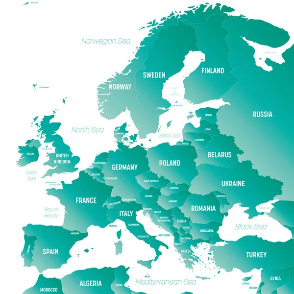 Eurooppa Erittäin Yksityiskohtainen Poliittinen Kartta Euroopan Mantereesta Jossa Maa Meri — vektorikuva