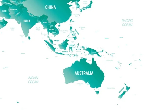 オーストラリアと東南アジア 海と海の名前のラベルを持つオーストラリアと東南アジア地域の高詳細政治地図 — ストックベクタ