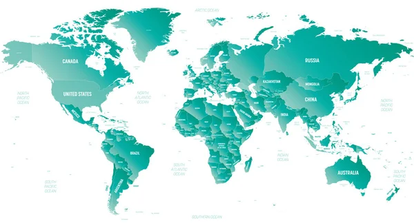 附有国家 海洋和海洋名称标签的高度详细的世界政治地图 — 图库矢量图片