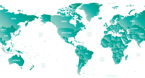 Världskarta Amerika Centrerat Hög Detaljerad Politisk Karta Över Världen Med — Stock vektor
