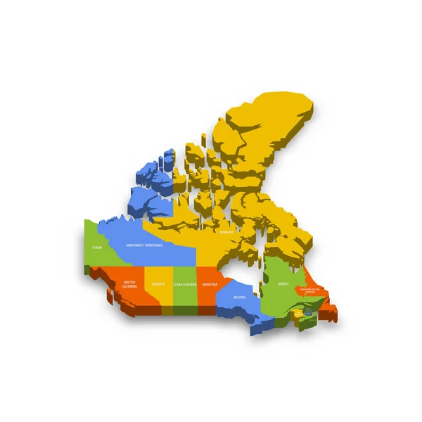 加拿大行政区划政治地图 省和地区 色彩斑斓的3D矢量地图 附有国家省名和投下的阴影 — 图库矢量图片