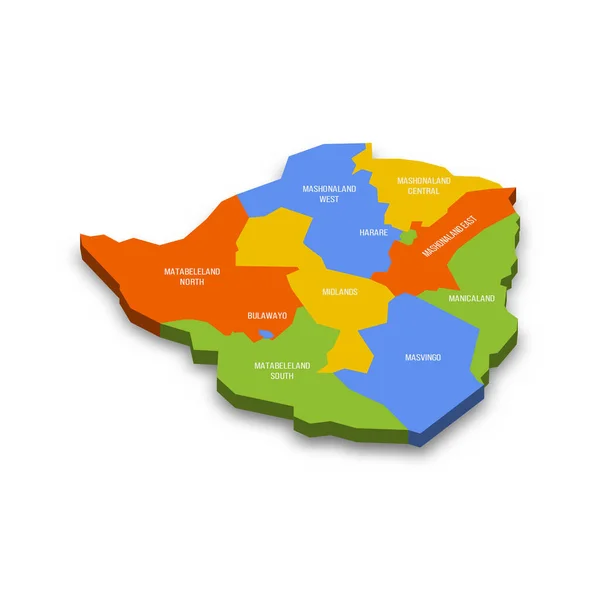 Зимбабве Политическая Карта Административных Единиц Провинций Красочная Трехмерная Векторная Карта — стоковый вектор