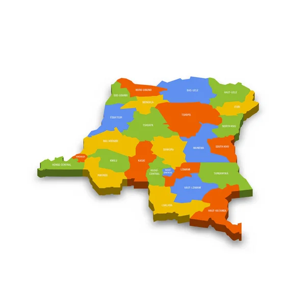 刚果民主共和国行政区划政治地图 色彩斑斓的3D矢量地图 附有国家省名和投下的阴影 — 图库矢量图片