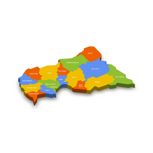 中非共和国行政区划 都道府县和班吉自治区的政治地图 色彩斑斓的3D矢量地图 附有国家省名和投下的阴影 — 图库矢量图片