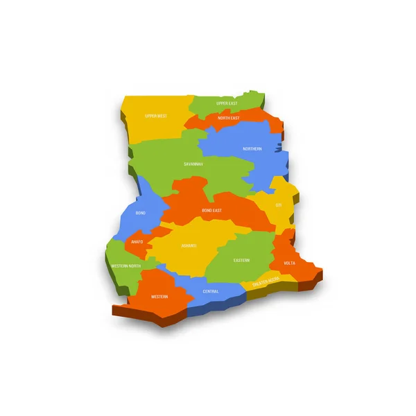 加纳行政区划 区域的政治地图 色彩斑斓的3D矢量地图 附有国家省名和投下的阴影 — 图库矢量图片