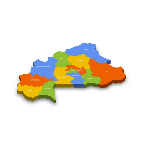ブルキナファソ行政区画の政治地図 国名とドロップシャドウとカラフルな3Dベクトルマップ — ストックベクタ