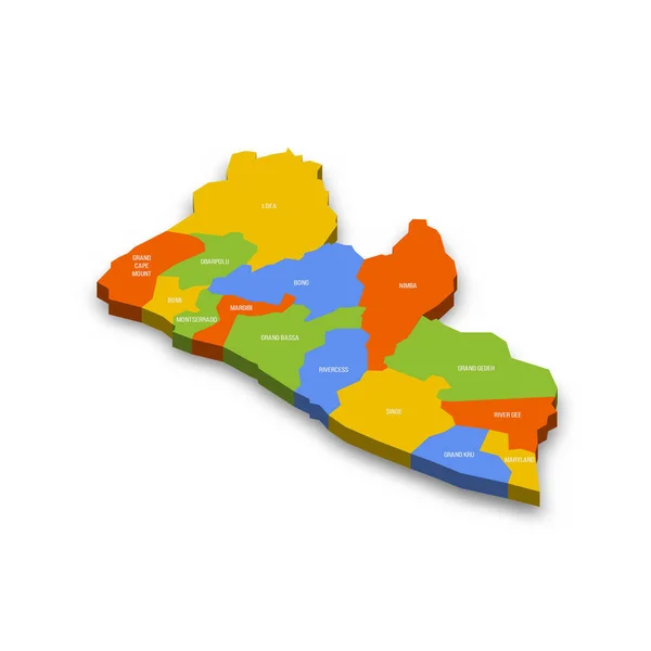 Liberia Politische Landkarte Der Verwaltungseinheiten Landkreise Bunte Vektorkarte Mit Ländernamen — Stockvektor