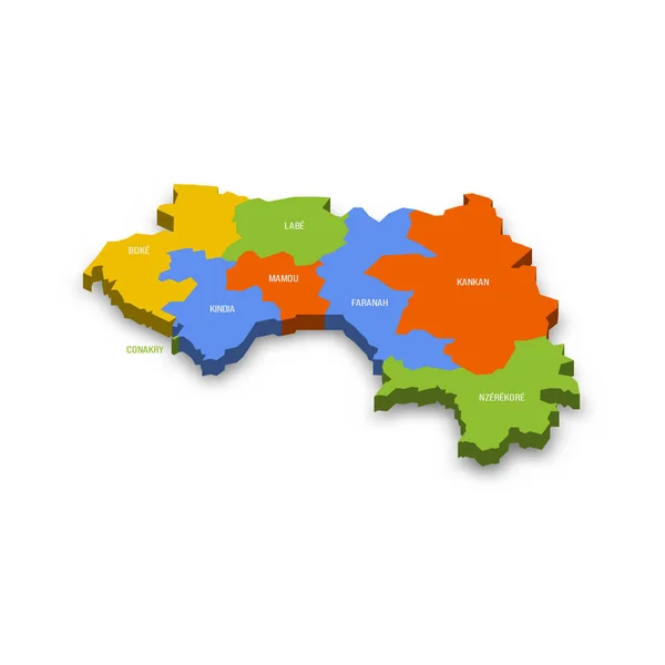 Gwinea Polityczna Mapa Podziałów Administracyjnych Regiony Kolorowa Mapa Wektora Nazwami — Wektor stockowy