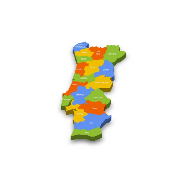 葡萄牙行政区划政治地图 色彩斑斓的3D矢量地图 附有国家省名和投下的阴影 — 图库矢量图片