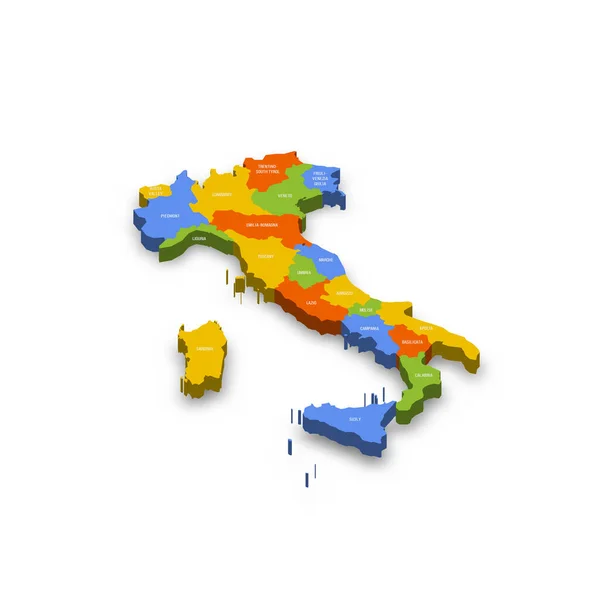 意大利行政区划政治地图 色彩斑斓的3D矢量地图 附有国家省名和投下的阴影 — 图库矢量图片