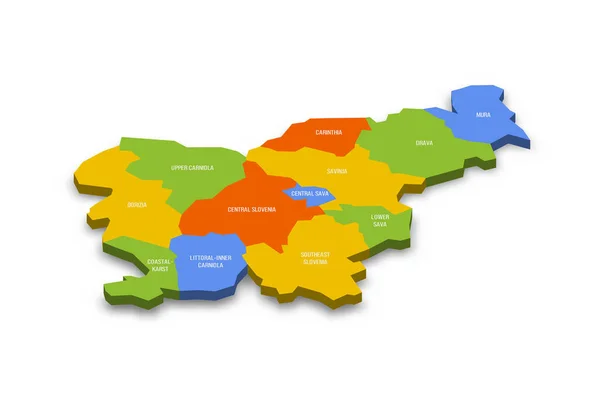 斯洛文尼亚行政区划政治地图 统计区域 色彩斑斓的3D矢量地图 附有国家省名和投下的阴影 — 图库矢量图片