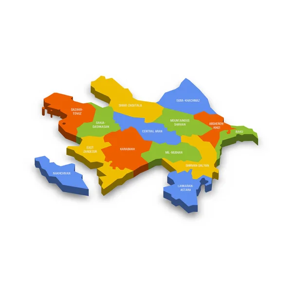 阿塞拜疆行政区划政治地图 城市和纳希切万自治共和国 色彩斑斓的3D矢量地图 附有国家省名和投下的阴影 — 图库矢量图片