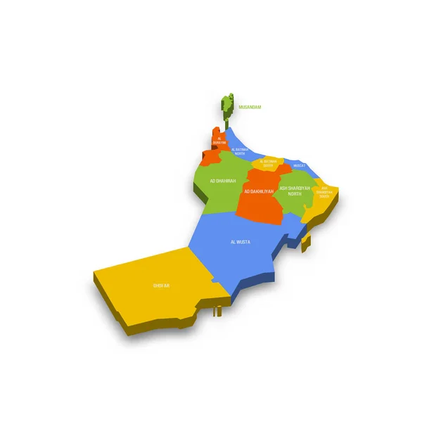 阿曼行政区划政治地图 色彩斑斓的3D矢量地图 附有国家省名和投下的阴影 — 图库矢量图片
