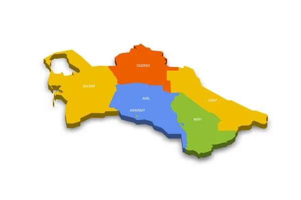 土库曼斯坦行政区划政治地图 阿什哈巴德地区和首都地区 色彩斑斓的3D矢量地图 附有国家省名和投下的阴影 — 图库矢量图片