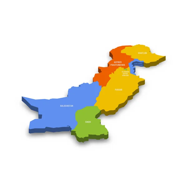 Пакистанская Политическая Карта Административных Единиц Провинций Автономных Территорий Красочная Трехмерная — стоковый вектор