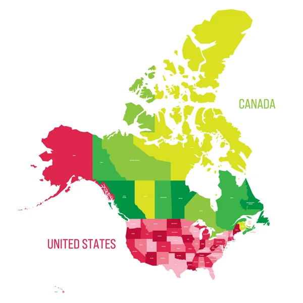 Estados Unidos Canadá Mapa Político Las Divisiones Administrativas Mapa Vectorial — Archivo Imágenes Vectoriales