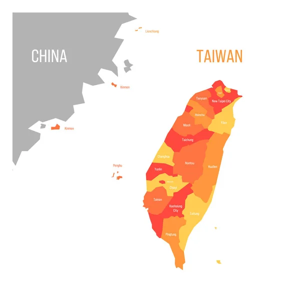 Mapa Polityczna Tajwanu Części Chin Kraj Podziałów Administracyjnych Różnych Kolorach — Wektor stockowy