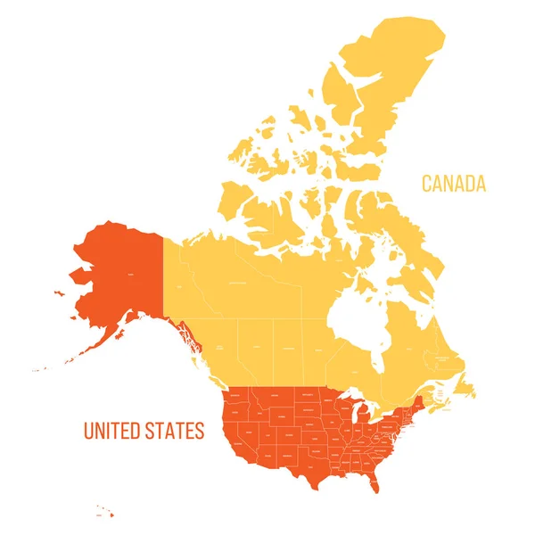 アメリカ合衆国とカナダの行政区画の政治地図 ラベル付きカラフルなベクトルマップ — ストックベクタ