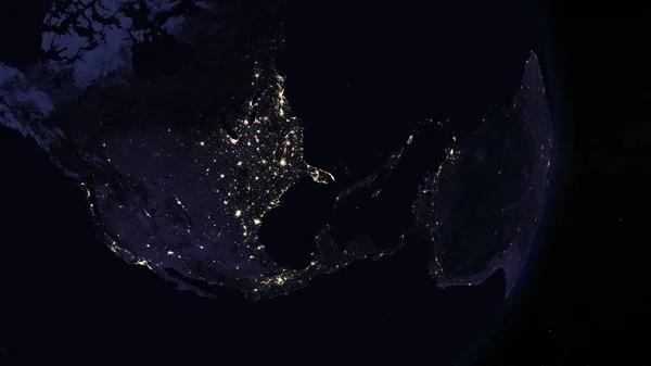 Planeta Ziemia Nocą Skupiła Się Ameryce Środkowej Oświetlone Miasta Ciemnej — Zdjęcie stockowe