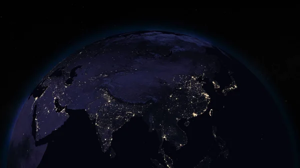 Planeta Ziemia Nocą Skupiła Się Azji Oświetlone Miasta Ciemnej Stronie — Zdjęcie stockowe