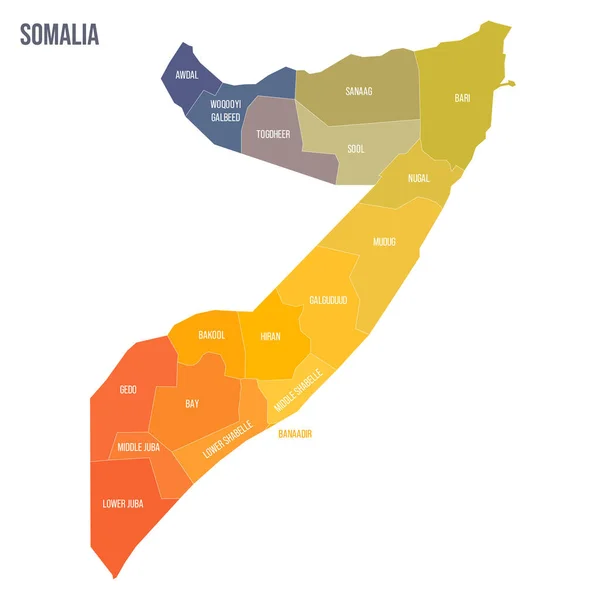 Политическая Карта Административно Территориальных Единиц Сомали Федеральных Штатов Красочная Спектральная — стоковый вектор