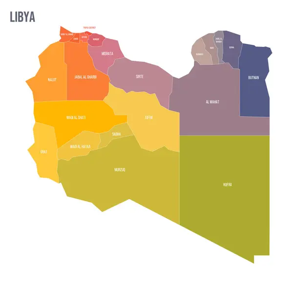 Ливия Политическая Карта Административных Единиц Районов Красочная Спектральная Политическая Карта — стоковый вектор
