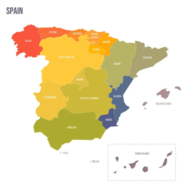 Espagne Carte Politique Des Divisions Administratives Communautés Autonomes Villes Autonomes — Image vectorielle