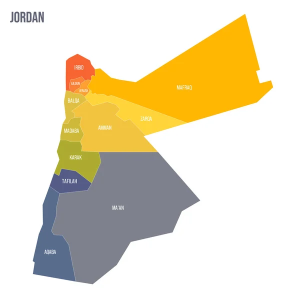 Jordanië Politieke Kaart Van Bestuurlijke Verdeeldheid Gouverneurs Kleurrijke Spectrum Politieke — Stockvector