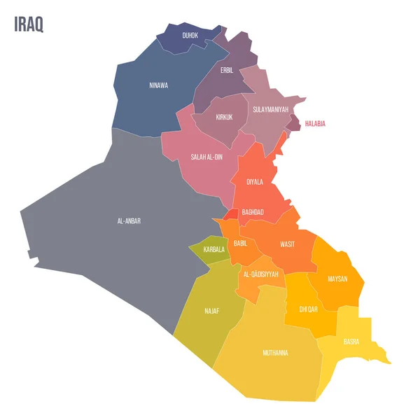 stock vector Iraq political map of administrative divisions - governorates and Kurdistan Region. Colorful spectrum political map with labels and country name.