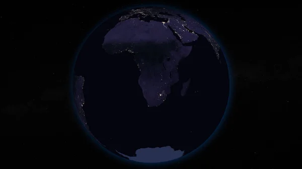 Планета Земля Ночью Сосредоточилась Африке Европе Освещенные Города Темной Стороне — стоковое фото