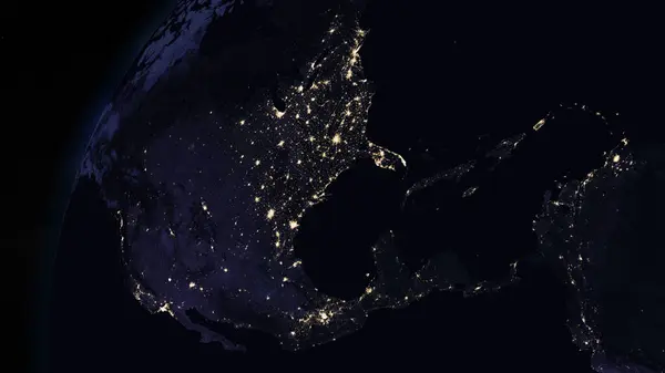 Planeta Ziemia Nocą Skupiła Się Ameryce Północnej Oświetlone Miasta Ciemnej — Zdjęcie stockowe