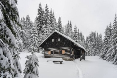 Small wooden hut in winter Jizera Mountains, Czechia clipart